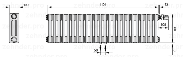 Схема (чертеж) Радиатор Zehnder Charleston 3030/24 №V008 Белый глянцевый RAL 9016